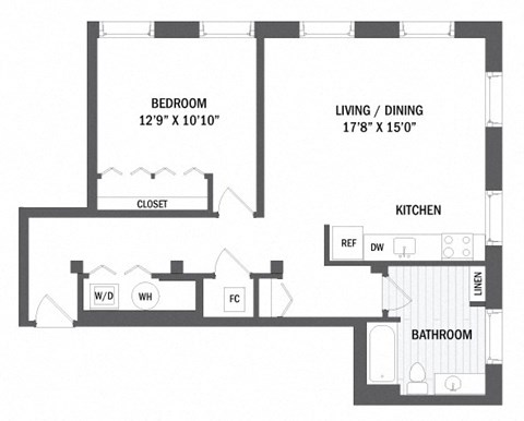 Floor plan for 1 bed, 1 bath, 782 sqft